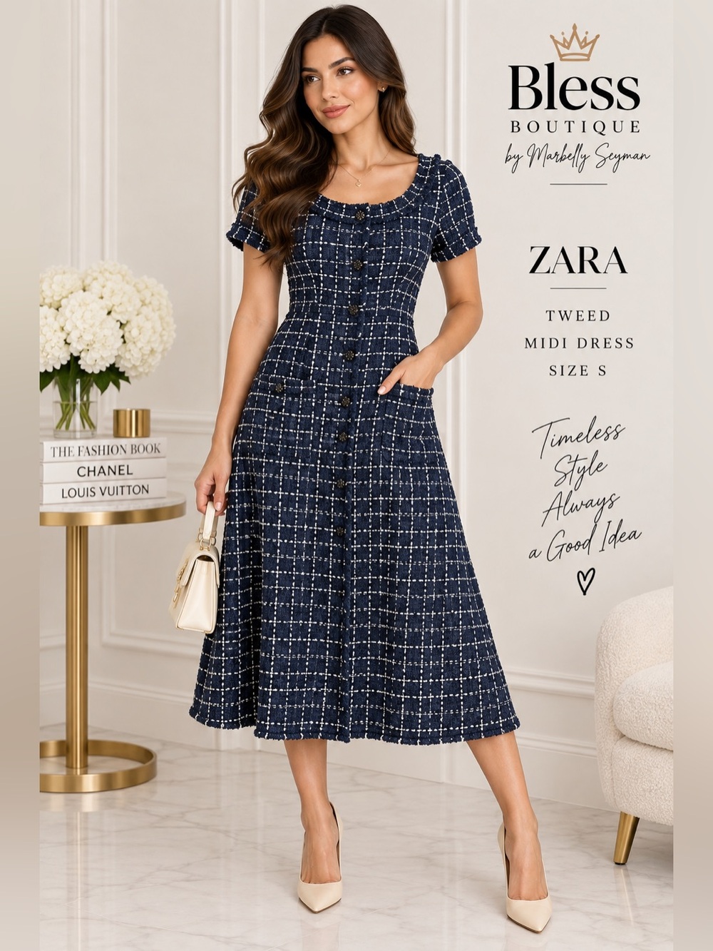 ZARA Navy Ivory Tweed Bouclé Midi Dress Jewel Buttons Pockets Size S